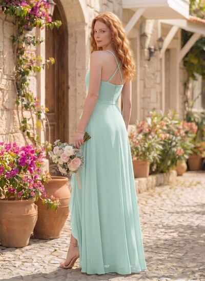 Classic V-Neck Ruffle Split Front Floor-Length Chiffon Bridesmaid Dresses