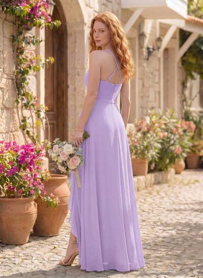 Classic V-Neck Ruffle Split Front Floor-Length Chiffon Bridesmaid Dresses