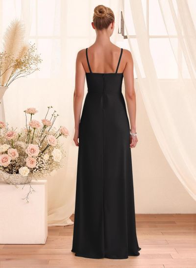Classy Square Neckline Detachable Straps Split Front Floor-Length Chiffon Bridesmaid Dresses