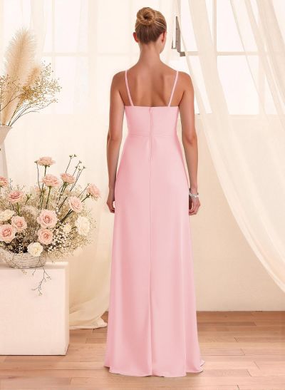 Classy Square Neckline Detachable Straps Split Front Floor-Length Chiffon Bridesmaid Dresses
