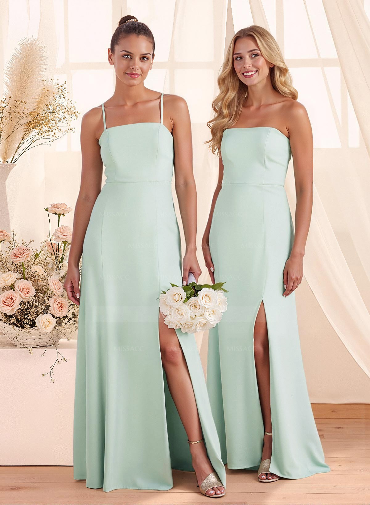 Classy Square Neckline Detachable Straps Split Front Floor-Length Chiffon Bridesmaid Dresses