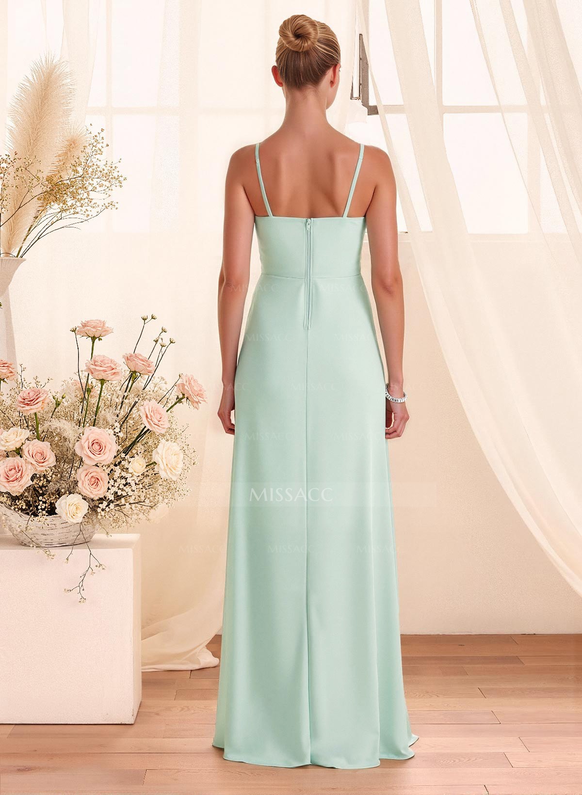 Classy Square Neckline Detachable Straps Split Front Floor-Length Chiffon Bridesmaid Dresses