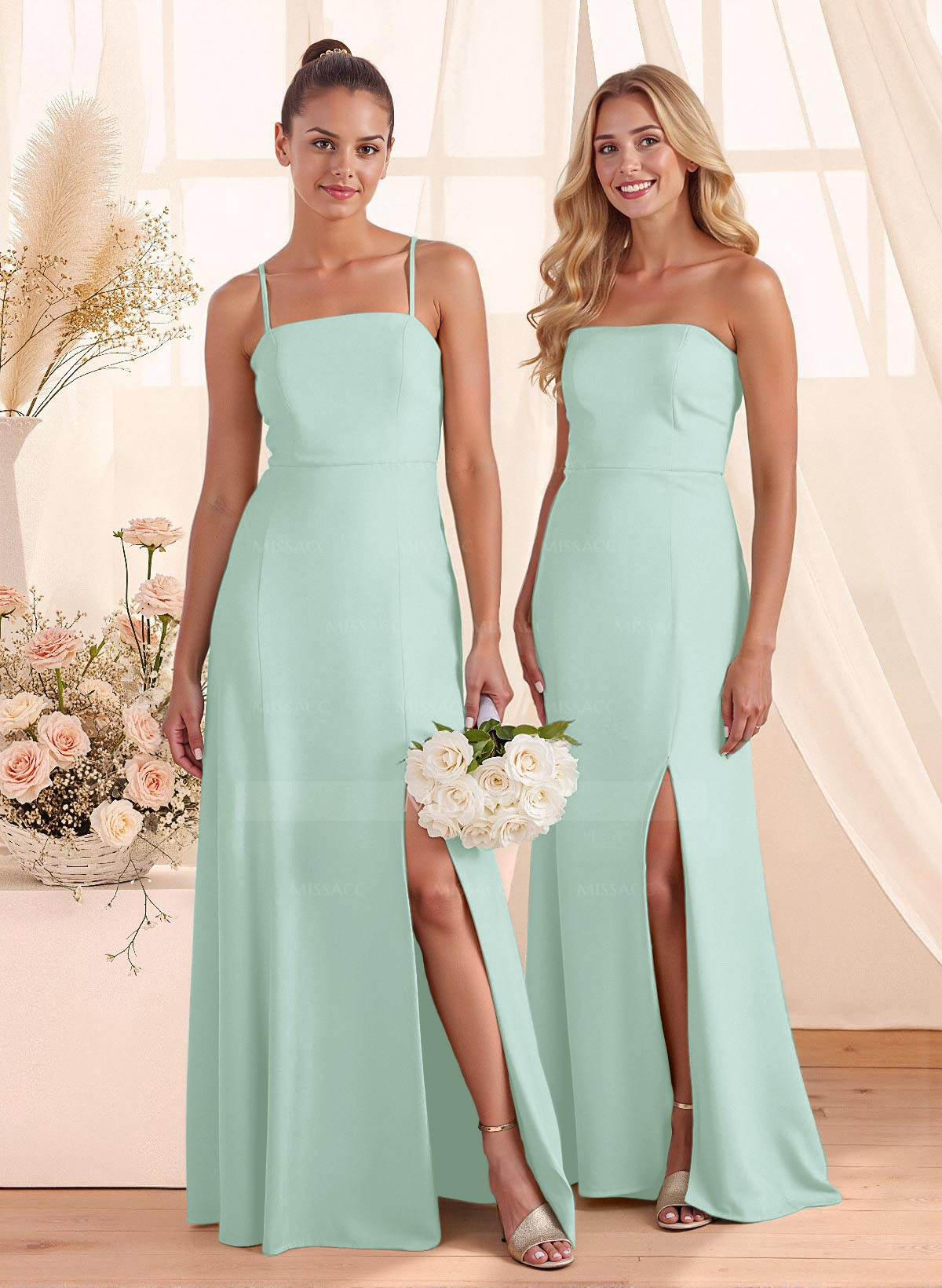 Classy Square Neckline Detachable Straps Split Front Floor-Length Chiffon Bridesmaid Dresses