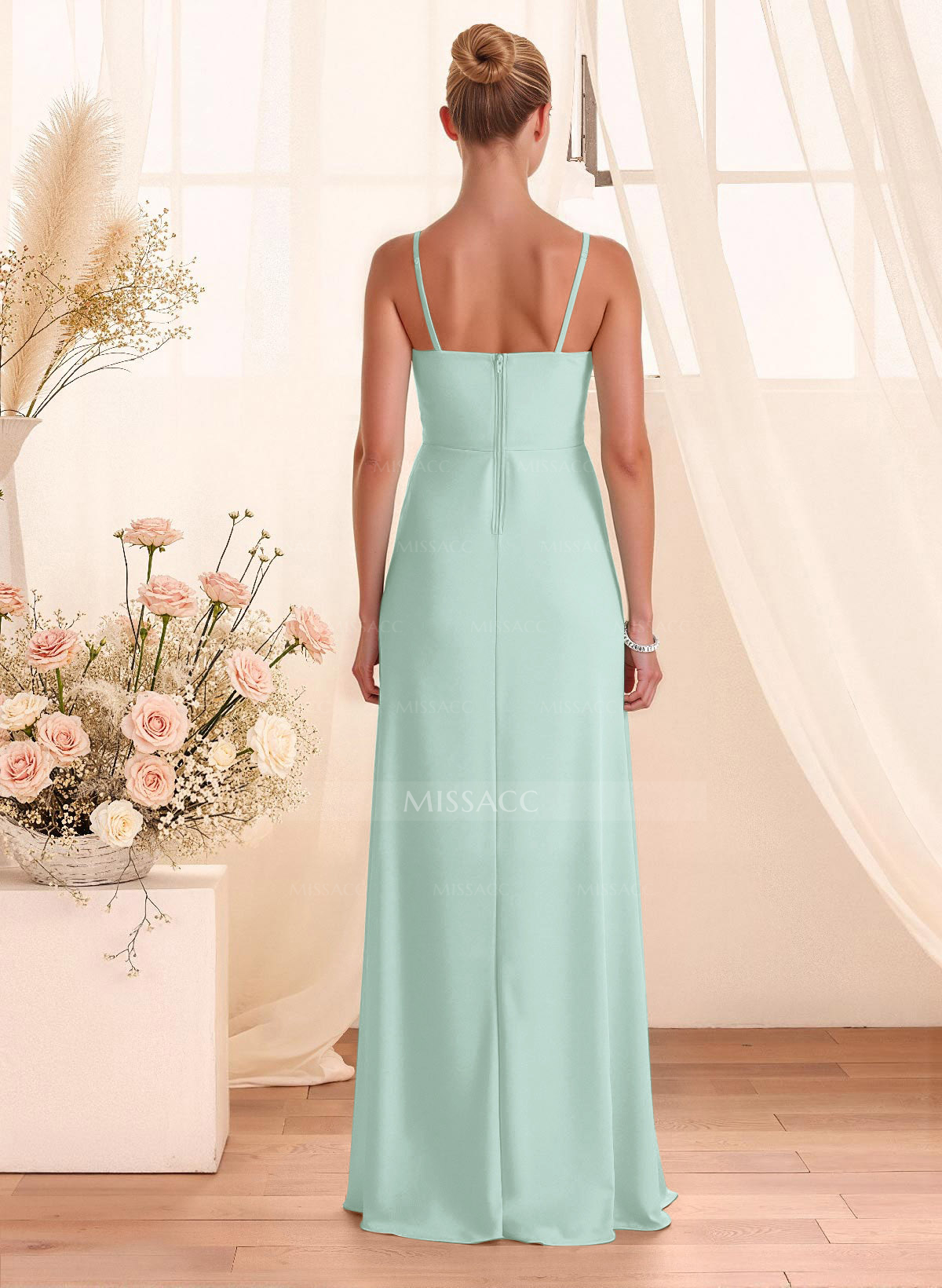 Classy Square Neckline Detachable Straps Split Front Floor-Length Chiffon Bridesmaid Dresses