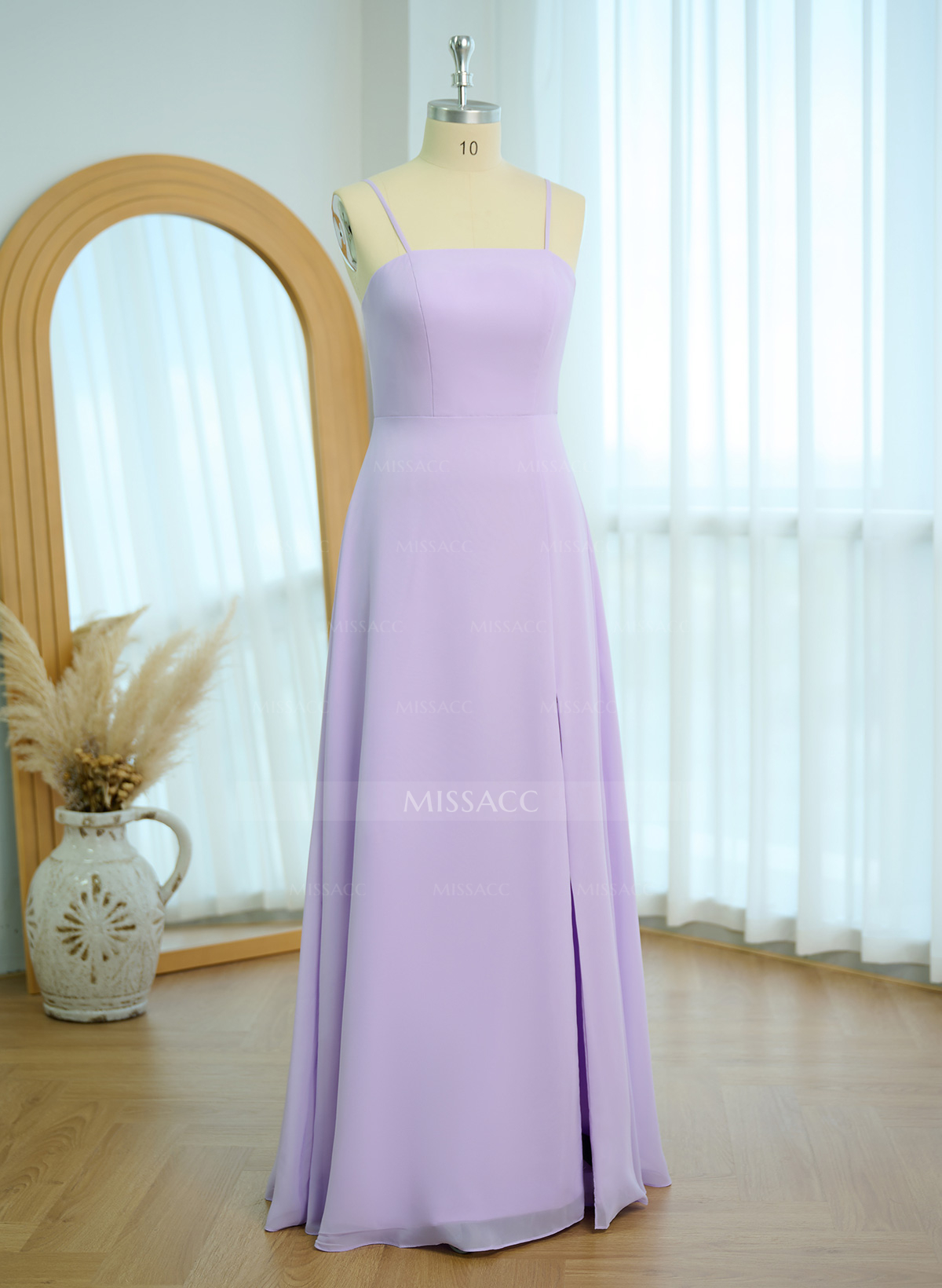 Classy Square Neckline Detachable Straps Split Front Floor-Length Chiffon Bridesmaid Dresses