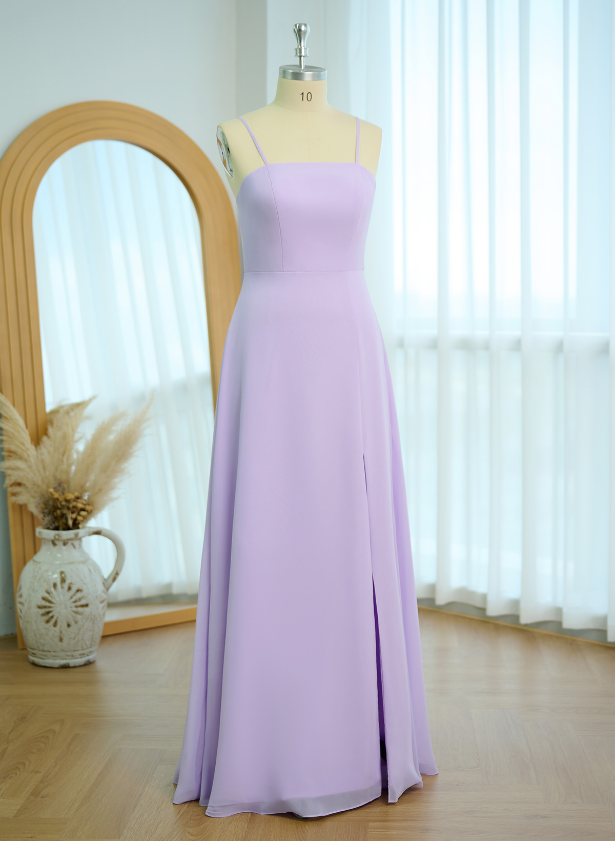 Classy Square Neckline Detachable Straps Split Front Floor-Length Chiffon Bridesmaid Dresses