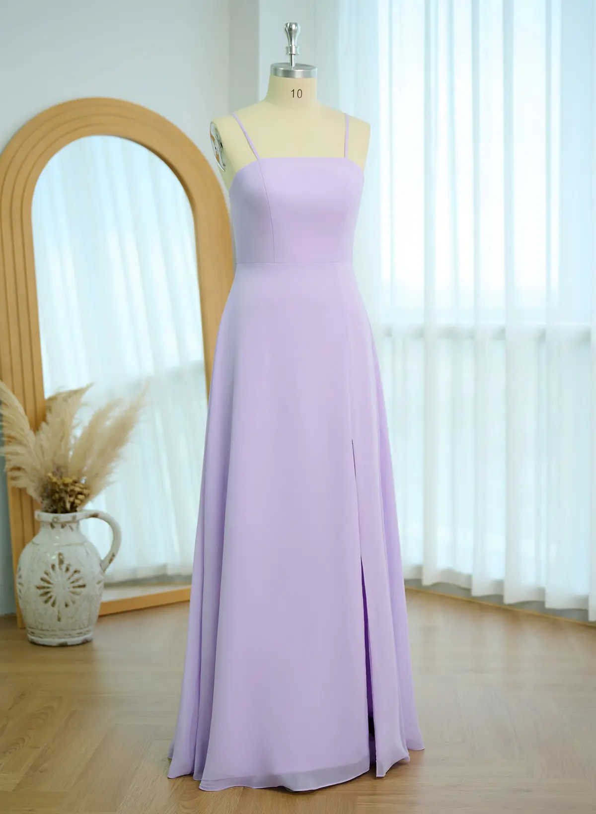 Classy Square Neckline Detachable Straps Split Front Floor-Length Chiffon Bridesmaid Dresses
