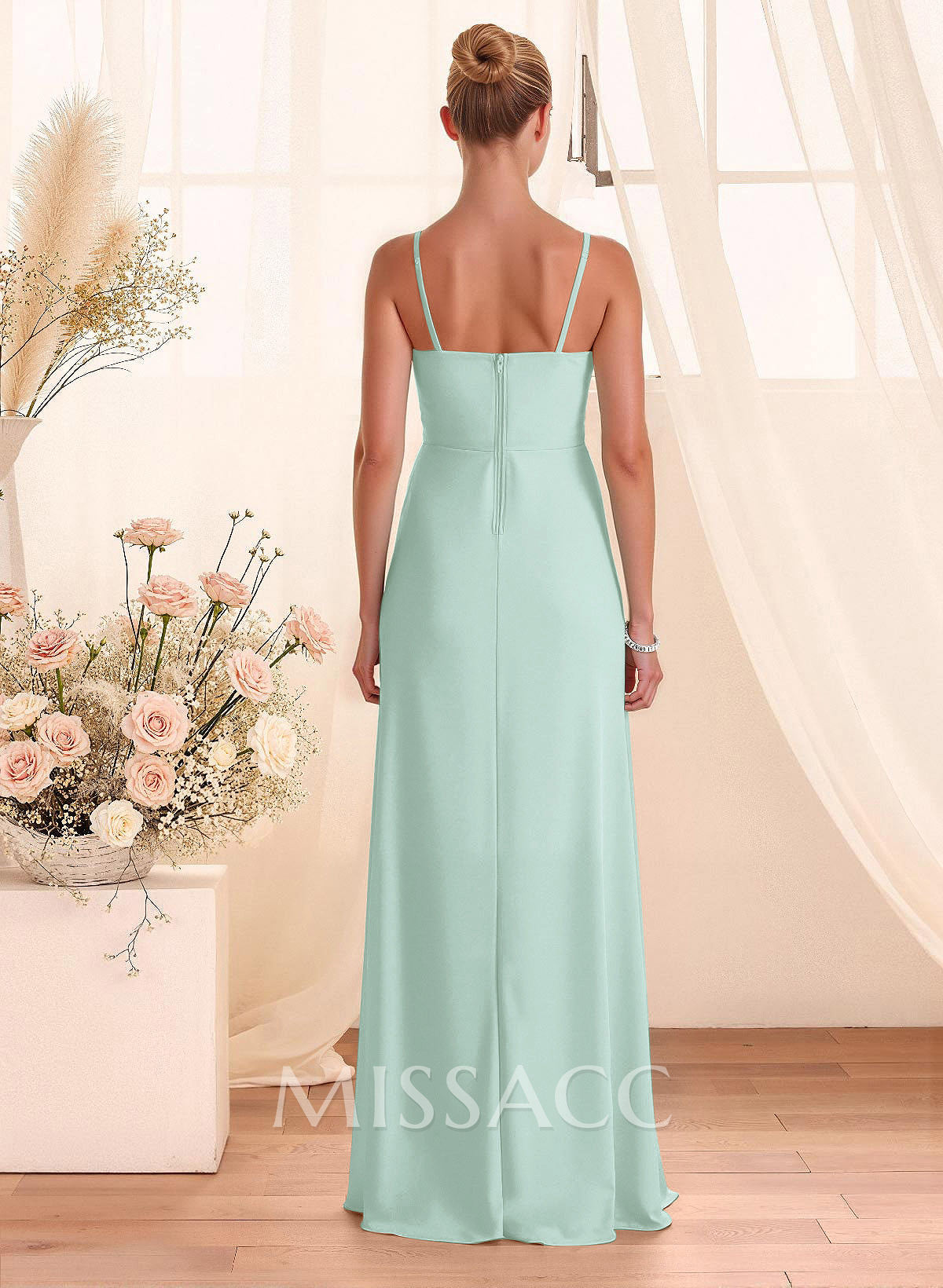 Classy Square Neckline Detachable Straps Split Front Floor-Length Chiffon Bridesmaid Dresses