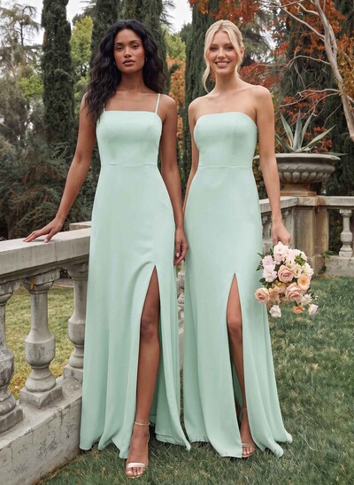Classy Square Neckline Detachable Straps Split Front Floor-Length Chiffon Bridesmaid Dresses