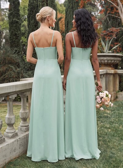 Classy Square Neckline Detachable Straps Split Front Floor-Length Chiffon Bridesmaid Dresses