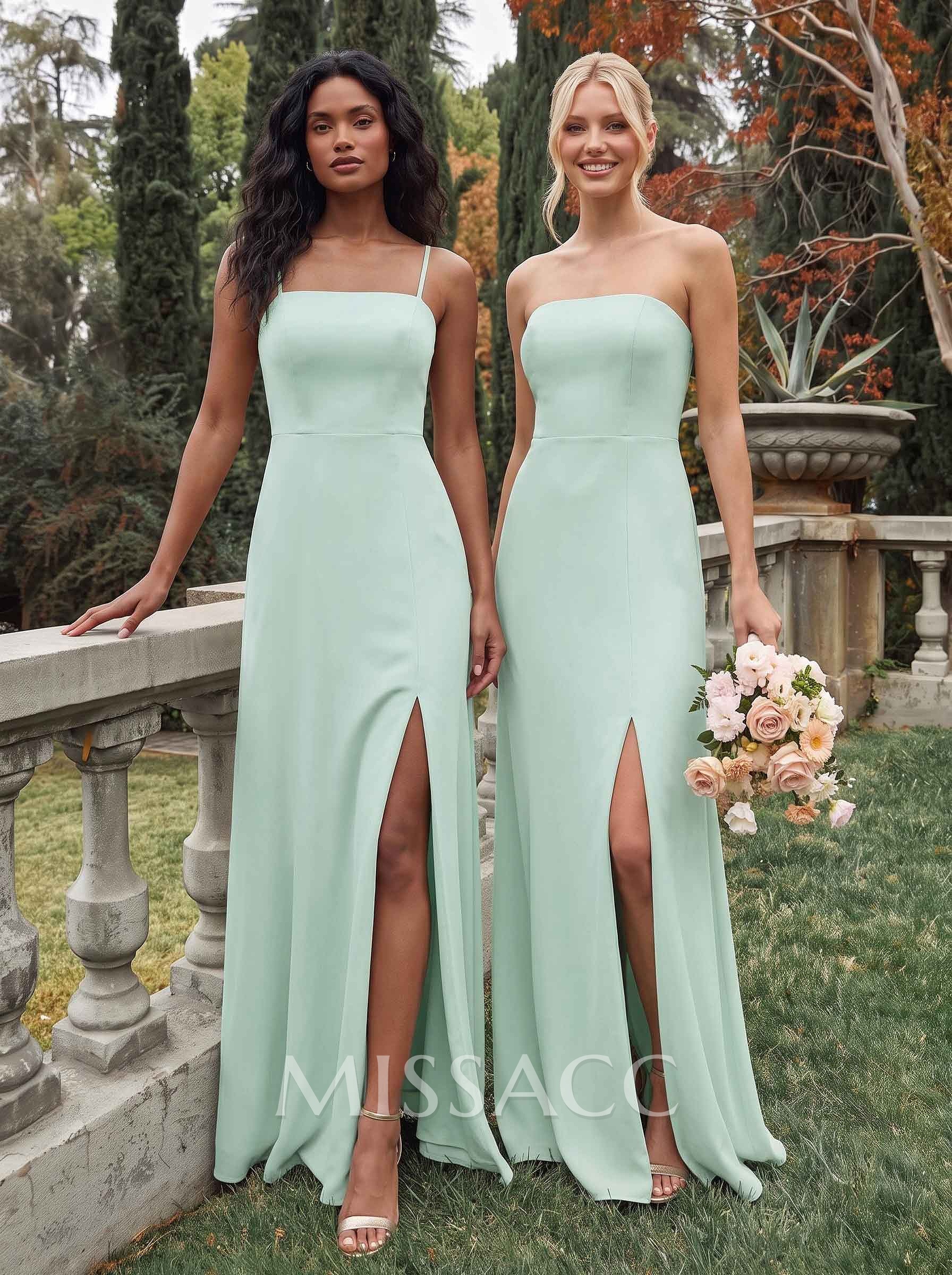 Classy Square Neckline Detachable Straps Split Front Floor-Length Chiffon Bridesmaid Dresses