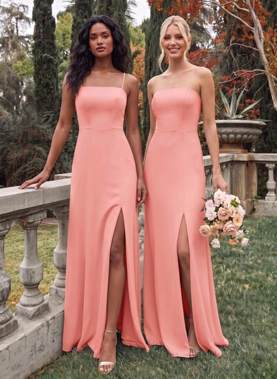 Classy Square Neckline Detachable Straps Split Front Floor-Length Chiffon Bridesmaid Dresses