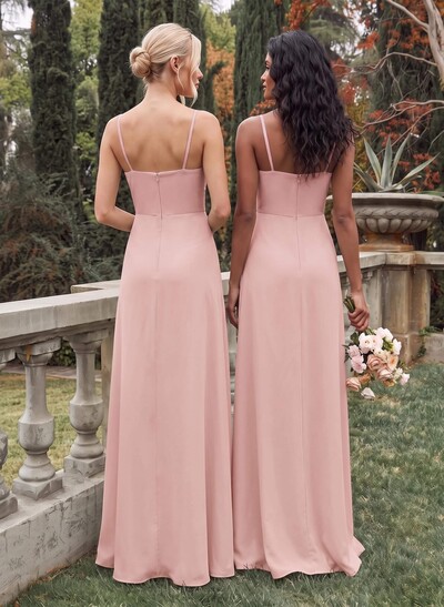 Classy Square Neckline Detachable Straps Split Front Floor-Length Chiffon Bridesmaid Dresses