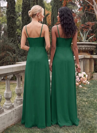Classy Square Neckline Detachable Straps Split Front Floor-Length Chiffon Bridesmaid Dresses