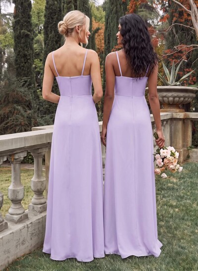 Elegant Square Neck Maxi Chiffon Bridesmaid Dresses with Detachable Straps and Front Split