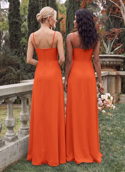 Classy Square Neckline Detachable Straps Split Front Floor-Length Chiffon Bridesmaid Dresses