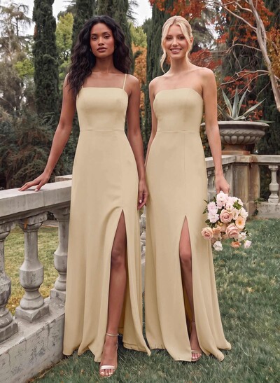 Classy Square Neckline Detachable Straps Split Front Floor-Length Chiffon Bridesmaid Dresses