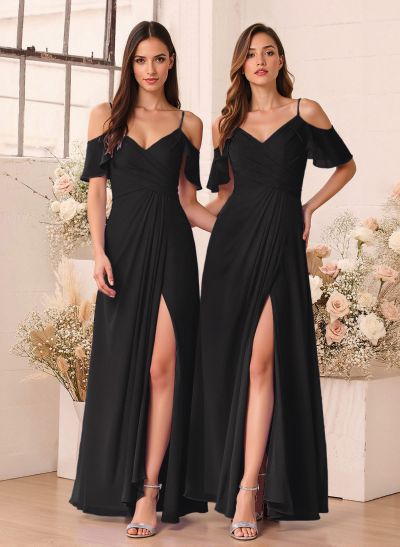 Unique Cold Shoulder A-Line Floor-Length Chiffon Bridesmaid Dresses With High Split