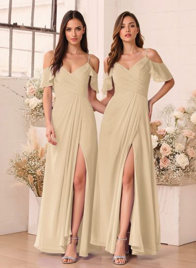 Unique Cold Shoulder A-Line Floor-Length Chiffon Bridesmaid Dresses With High Split