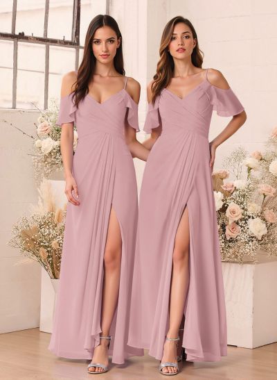 Unique Cold Shoulder A-Line Floor-Length Chiffon Bridesmaid Dresses With High Split