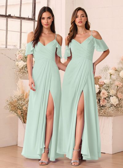 Unique Cold Shoulder A-Line Floor-Length Chiffon Bridesmaid Dresses With High Split