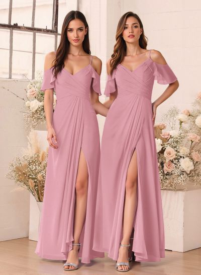 Unique Cold Shoulder A-Line Floor-Length Chiffon Bridesmaid Dresses With High Split