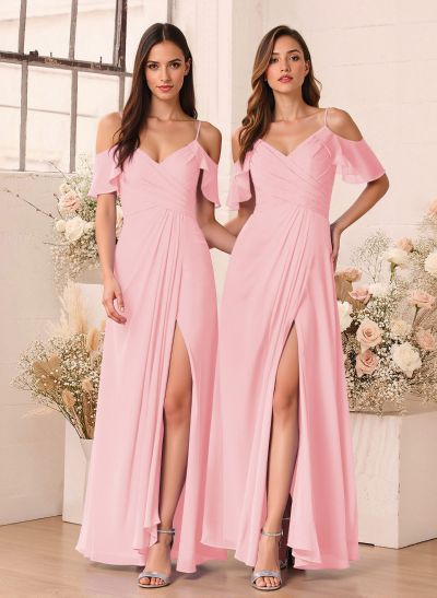 Unique Cold Shoulder A-Line Floor-Length Chiffon Bridesmaid Dresses With High Split