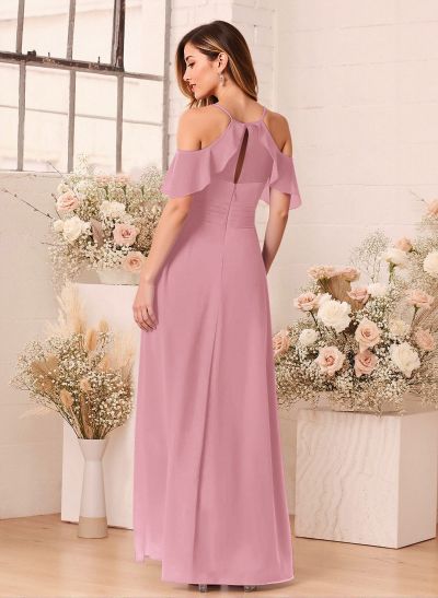 Unique Cold Shoulder A-Line Floor-Length Chiffon Bridesmaid Dresses With High Split