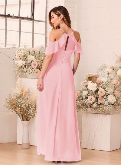 Unique Cold Shoulder A-Line Floor-Length Chiffon Bridesmaid Dresses With High Split