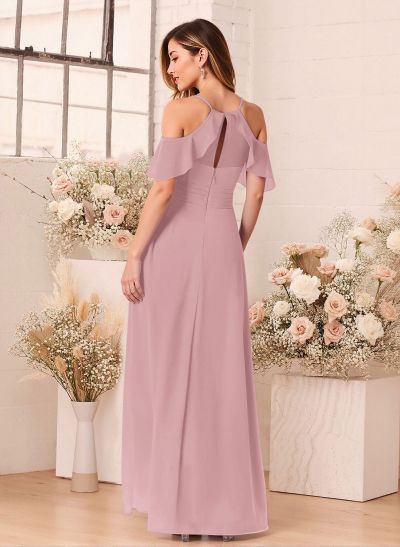 Unique Cold Shoulder A-Line Floor-Length Chiffon Bridesmaid Dresses With High Split