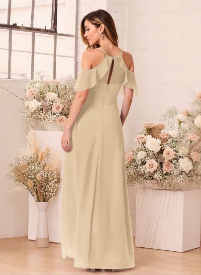 Unique Cold Shoulder A-Line Floor-Length Chiffon Bridesmaid Dresses With High Split
