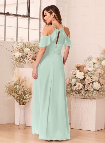 Unique Cold Shoulder A-Line Floor-Length Chiffon Bridesmaid Dresses With High Split