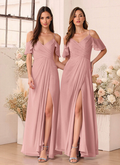 Unique Cold Shoulder A-Line Floor-Length Chiffon Bridesmaid Dresses With High Split