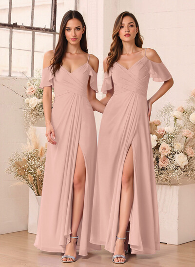 Unique Cold Shoulder A-Line Floor-Length Chiffon Bridesmaid Dresses With High Split