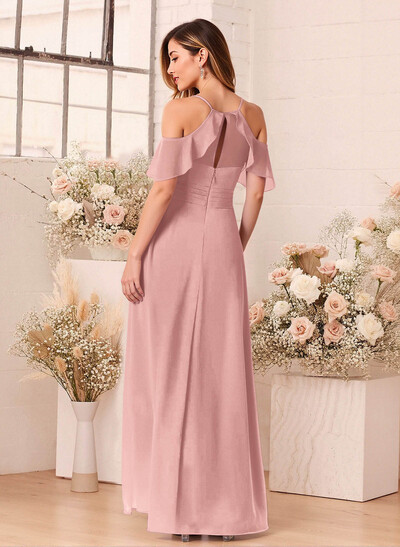 Unique Cold Shoulder A-Line Floor-Length Chiffon Bridesmaid Dresses With High Split
