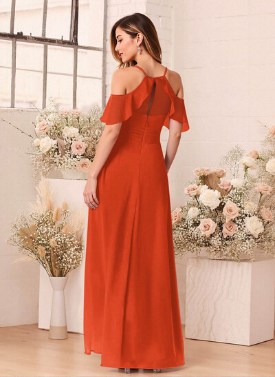 Unique Cold Shoulder A-Line Floor-Length Chiffon Bridesmaid Dresses With High Split
