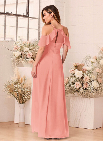 Unique Cold Shoulder A-Line Floor-Length Chiffon Bridesmaid Dresses With High Split