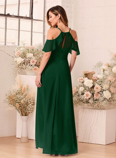 Unique Cold Shoulder A-Line Floor-Length Chiffon Bridesmaid Dresses With High Split