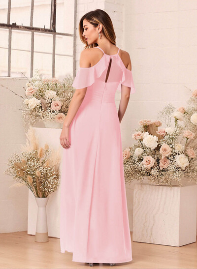 Unique Cold Shoulder A-Line Floor-Length Chiffon Bridesmaid Dresses With High Split