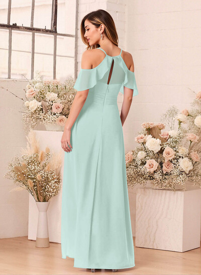 Unique Cold Shoulder A-Line Floor-Length Chiffon Bridesmaid Dresses With High Split