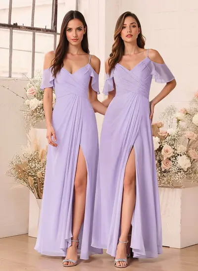 Missacc Black Bridesmaid Unique Cold Shoulder A-Line Floor-Length Chiffon Bridesmaid Dresses With High Split