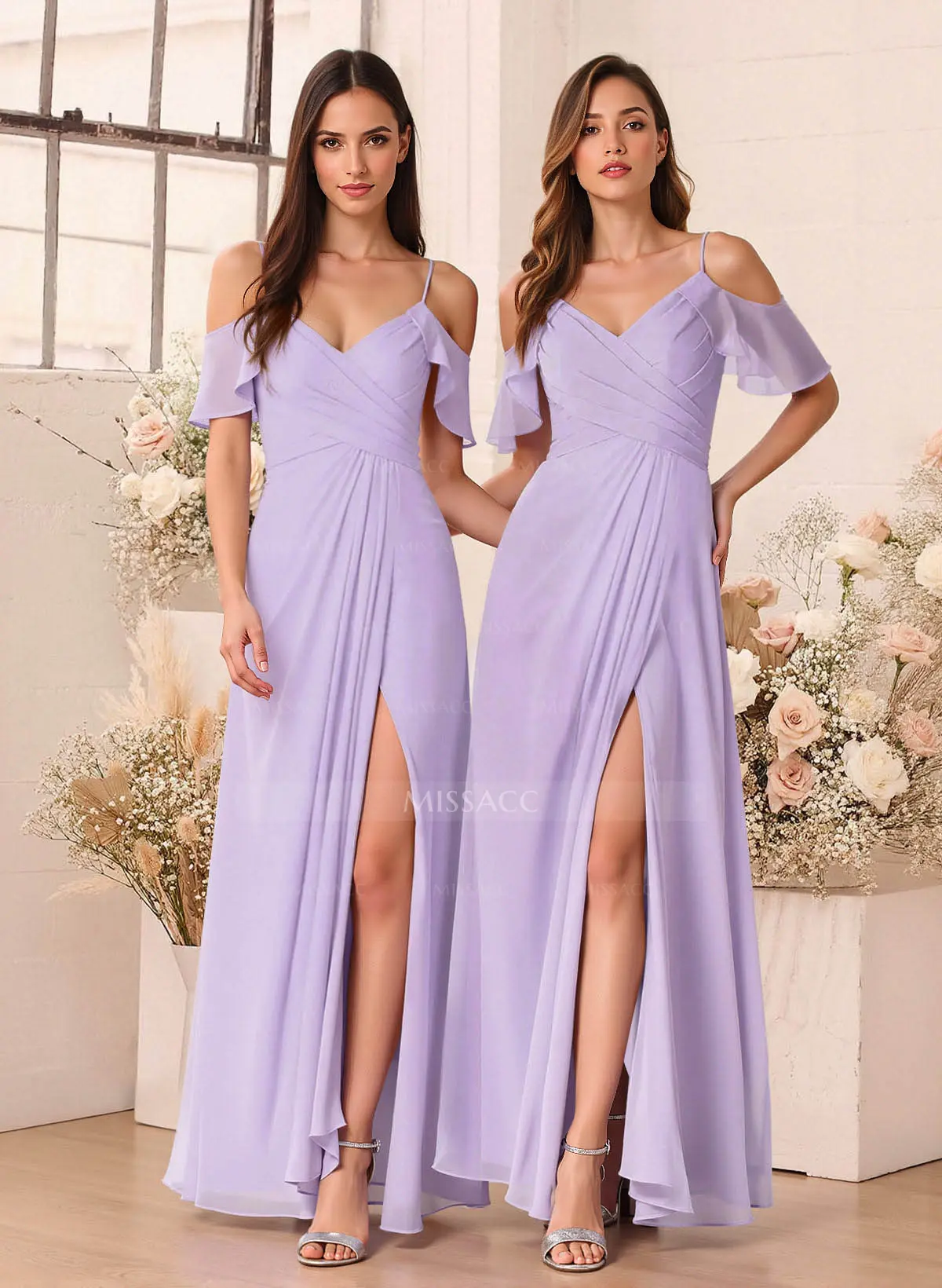 Missacc Black Bridesmaid Unique Cold Shoulder A-Line Floor-Length Chiffon Bridesmaid Dresses With High Split