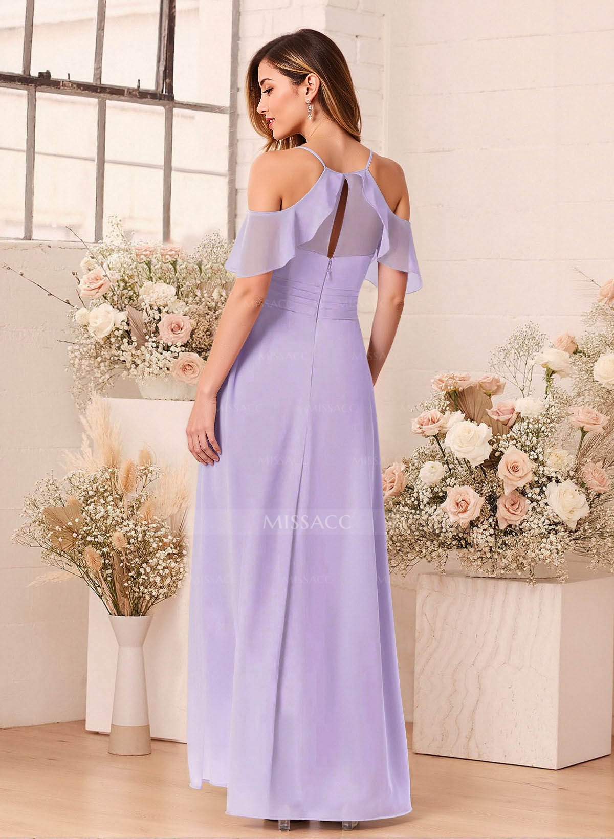 Unique Cold Shoulder A-Line Floor-Length Chiffon Bridesmaid Dresses With High Split