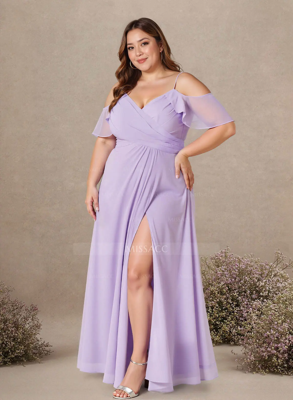 Unique Cold Shoulder A-Line Floor-Length Chiffon Bridesmaid Dresses With  High Split - Missacc Canada