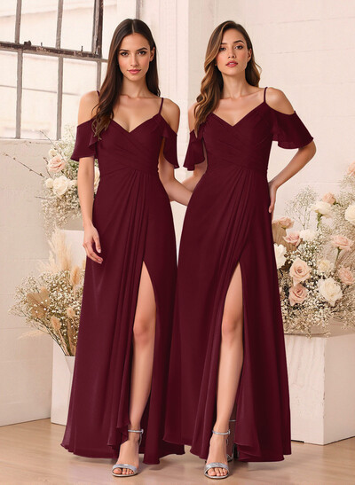 Unique Cold Shoulder A-Line Floor-Length Chiffon Bridesmaid Dresses With High Split