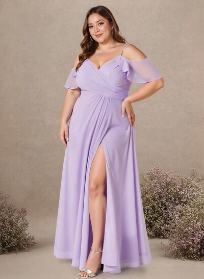 Unique Cold Shoulder A-Line Floor-Length Chiffon Bridesmaid Dresses With High Split
