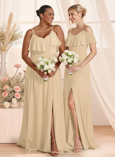 Unique Cold Shoulder High Split A-Line Floor-Length Chiffon Bridesmaid Dresses