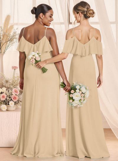 Unique Cold Shoulder High Split A-Line Floor-Length Chiffon Bridesmaid Dresses