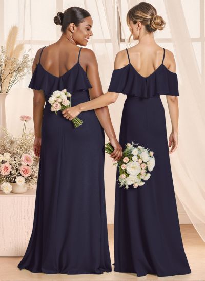 Unique Cold Shoulder High Split A-Line Floor-Length Chiffon Bridesmaid Dresses