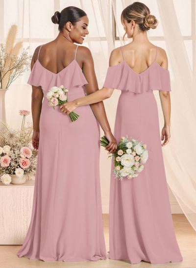 Unique Cold Shoulder High Split A-Line Floor-Length Chiffon Bridesmaid Dresses